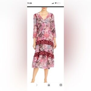 Johnny Was Jade mixed floral silk Tiered midi dress medium